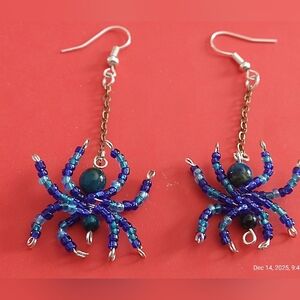 Hand Crafted Small Blue Beaded Spider "Silk" Dangle Earrings